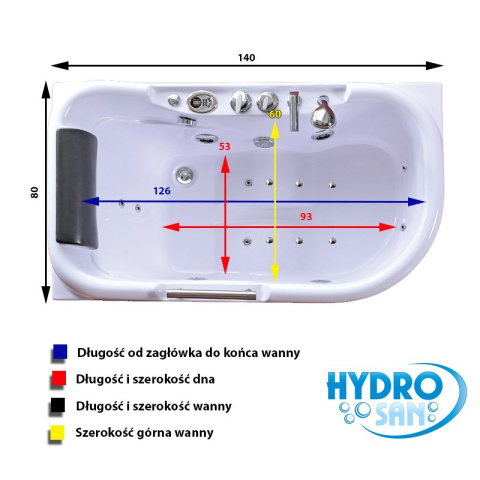 WANNA Z HYDROMASAŻEM LEMUR 796R PRAWY BIAŁA 140x80 CM