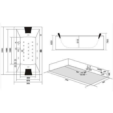 WANNA Z HYDROMASAŻEM RAMONA 640 BIAŁA 180x90 CM