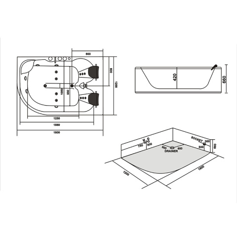 WANNA Z HYDROMASAŻEM Z PODGRZEWACZEM CARMEN 631LH LEWA BIAŁA 180x120 CM