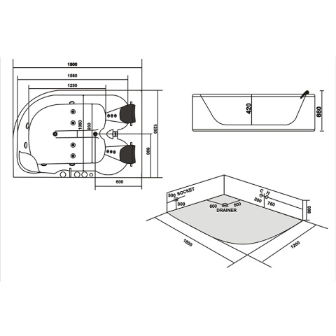 WANNA Z HYDROMASAŻEM CARMEN 631RH PRAWA BIAŁA 180x120 CM