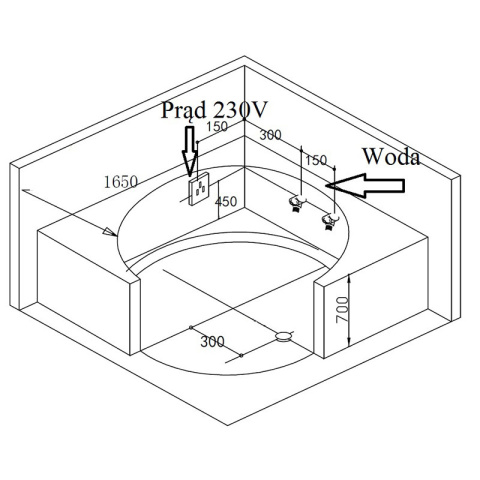 WANNA Z HYDROMASAŻEM DELLA 916 DO ZABUDOWY 155x155 CM