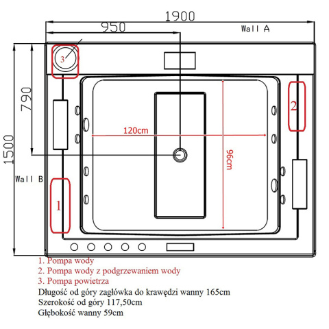 WANNA Z HYDROMASAŻEM KALAMBO 914 DO ZABUDOWY BIAŁA 190x150 CM