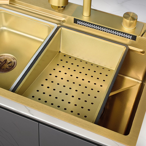 ZLEW KUCHENNY JEDNOKOMOROWY Z WODOSPADEM WIELOFUNKCYJNY ZŁOTY COSTA-GL-68X46