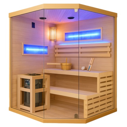 SAUNA FIŃSKA WYSOKOTEMPERATUROWA Z PIECEM LARK4-WD/HARVIA 6KW 4-5 OSOBOWA 150x150 CM