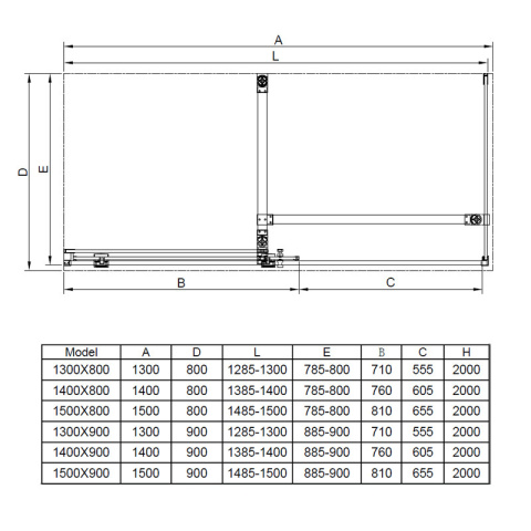 KABINA PRYSZNICOWA PROSTOKĄTNA ASTRA-CH-A-130+B90+E CHROM 130X90 CM 8 MM