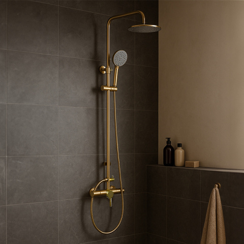 BATERIA PRYSZNICOWA ŁAZIENKOWA ŚCIENNA ZESTAW Z DESZCZOWNICĄ MILTON ZŁOTA
