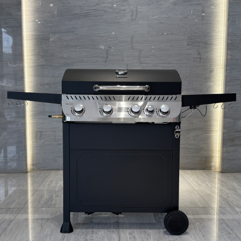 GRILL OGRODOWY GAZOWY Z POKRYWĄ I PÓŁKAMI APOLLO-C CZARNY RUSZT ŻELIWNY 14,5 KW + POKROWIEC