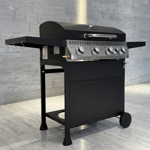 GRILL OGRODOWY GAZOWY Z POKRYWĄ I PÓŁKAMI APOLLO-C CZARNY RUSZT ŻELIWNY 14,5 KW + POKROWIEC