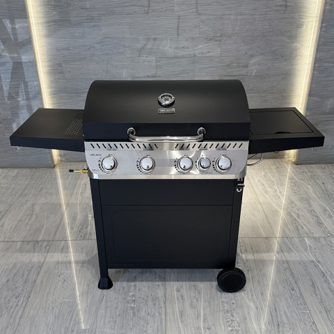 GRILL OGRODOWY GAZOWY Z POKRYWĄ I PÓŁKAMI APOLLO-C CZARNY RUSZT ŻELIWNY 14,5 KW + POKROWIEC