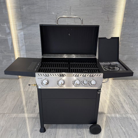 GRILL OGRODOWY GAZOWY Z POKRYWĄ I PÓŁKAMI APOLLO-C CZARNY RUSZT ŻELIWNY 14,5 KW + POKROWIEC