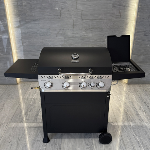 GRILL OGRODOWY GAZOWY Z POKRYWĄ I PÓŁKAMI APOLLO-C CZARNY RUSZT ŻELIWNY 14,5 KW + POKROWIEC