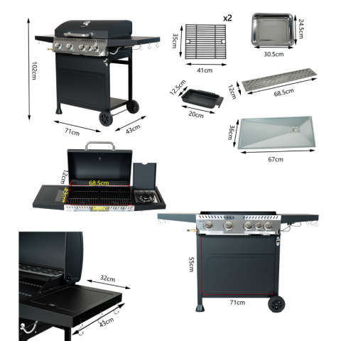 GRILL OGRODOWY GAZOWY Z POKRYWĄ I PÓŁKAMI APOLLO-C CZARNY RUSZT ŻELIWNY 14,5 KW + POKROWIEC