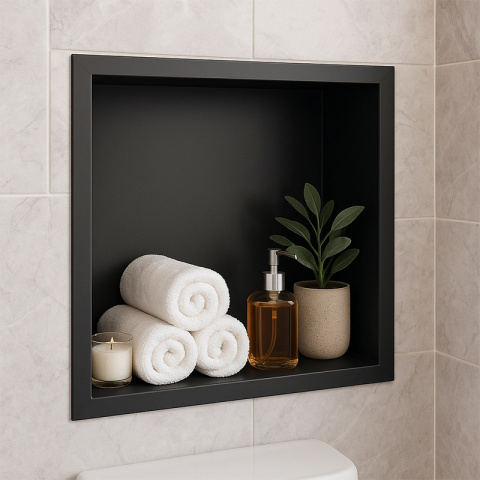 PÓŁKA ŁAZIENKOWA WNĘKOWA IGA Z KOŁNIERZEM CZARNA 30X30X10 CM