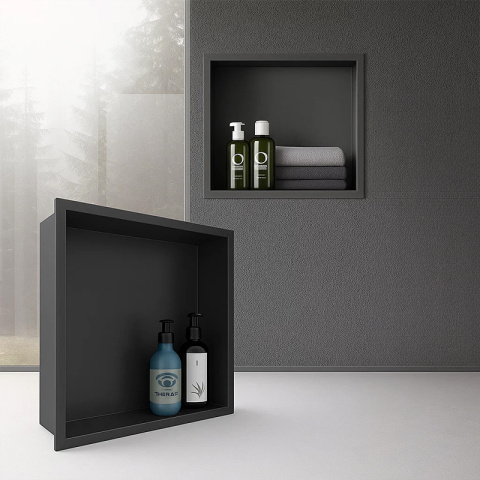 PÓŁKA ŁAZIENKOWA WNĘKOWA IGA Z KOŁNIERZEM CZARNA 30X30X10 CM