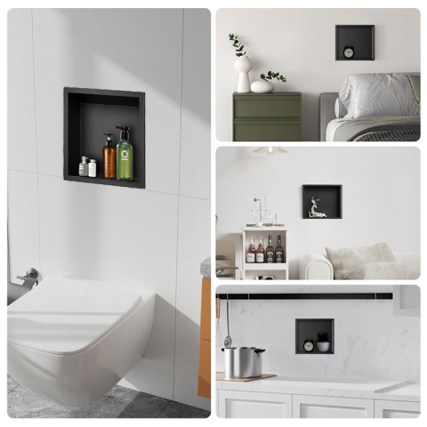 PÓŁKA ŁAZIENKOWA WNĘKOWA IGA Z KOŁNIERZEM CZARNA 30X30X10 CM