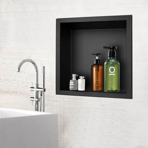 PÓŁKA ŁAZIENKOWA WNĘKOWA IGA Z KOŁNIERZEM CZARNA 30X30X7 CM