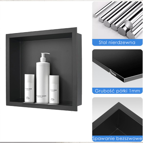 PÓŁKA ŁAZIENKOWA WNĘKOWA IGA Z KOŁNIERZEM CZARNA 30X30X7 CM