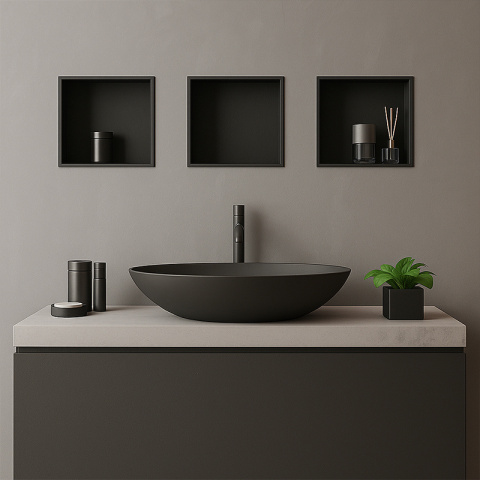 PÓŁKA ŁAZIENKOWA WNĘKOWA IGA Z KOŁNIERZEM CZARNA 30X30X7 CM