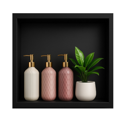 PÓŁKA ŁAZIENKOWA WNĘKOWA IGA Z KOŁNIERZEM CZARNA 30X30X7 CM