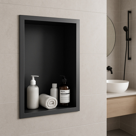 PÓŁKA ŁAZIENKOWA WNĘKOWA IGA Z KOŁNIERZEM CZARNA 45X30X10 CM