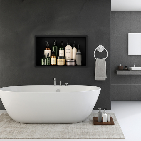 PÓŁKA ŁAZIENKOWA WNĘKOWA IGA Z KOŁNIERZEM CZARNA 45X30X10 CM