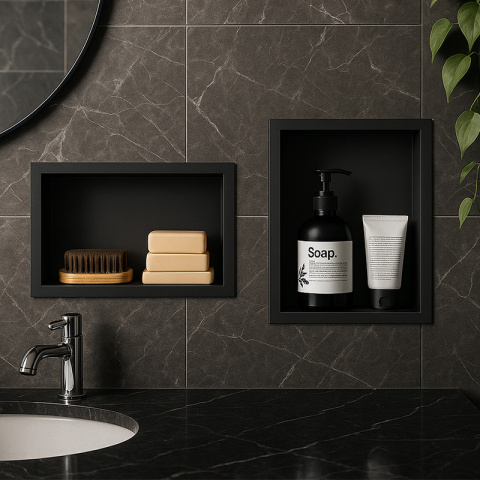 PÓŁKA ŁAZIENKOWA WNĘKOWA IGA Z KOŁNIERZEM CZARNA 45X30X10 CM