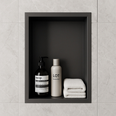 PÓŁKA ŁAZIENKOWA WNĘKOWA IGA Z KOŁNIERZEM CZARNA 45X30X7 CM