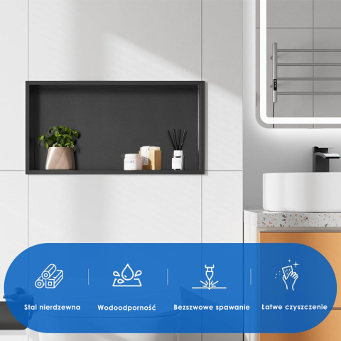 PÓŁKA ŁAZIENKOWA WNĘKOWA IGA Z KOŁNIERZEM CZARNA 45X30X7 CM