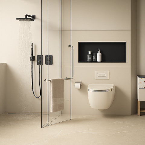 PÓŁKA ŁAZIENKOWA WNĘKOWA IGA Z KOŁNIERZEM CZARNA 45X30X7 CM