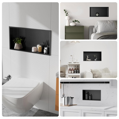 PÓŁKA ŁAZIENKOWA WNĘKOWA IGA Z KOŁNIERZEM CZARNA 60X30X10 CM