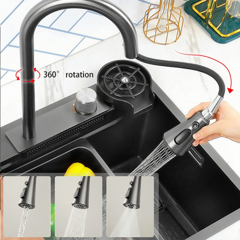 ZLEW KUCHENNY JEDNOKOMOROWY Z WODOSPADEM WIELOFUNKCYJNY CZARNY COSTA-BL-68X46