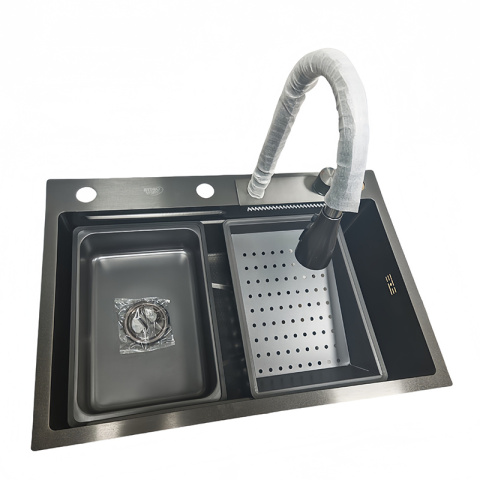 ZLEW KUCHENNY JEDNOKOMOROWY Z WODOSPADEM WIELOFUNKCYJNY CZARNY COSTA-BL-68X46