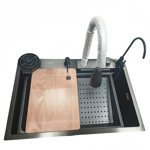 ZLEW KUCHENNY JEDNOKOMOROWY Z WODOSPADEM WIELOFUNKCYJNY CZARNY COSTA-BL-68X46