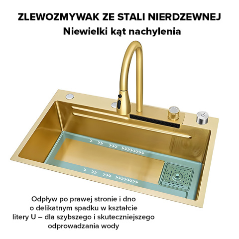 ZLEW KUCHENNY JEDNOKOMOROWY Z WODOSPADEM WIELOFUNKCYJNY ZŁOTY COSTA-GL-68X46