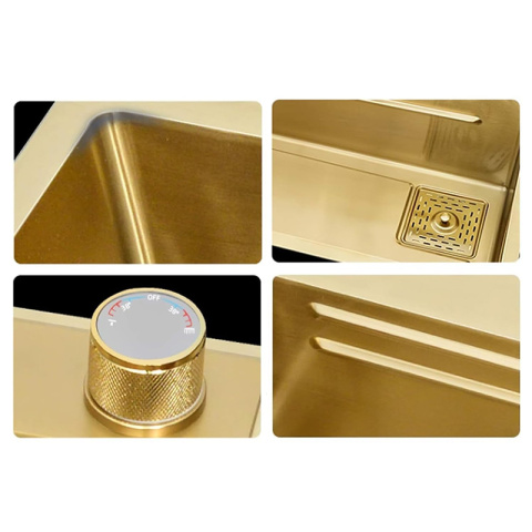 ZLEW KUCHENNY JEDNOKOMOROWY Z WODOSPADEM WIELOFUNKCYJNY ZŁOTY COSTA-GL-68X46