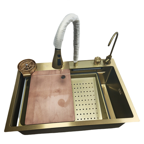 ZLEW KUCHENNY JEDNOKOMOROWY Z WODOSPADEM WIELOFUNKCYJNY ZŁOTY COSTA-GL-68X46