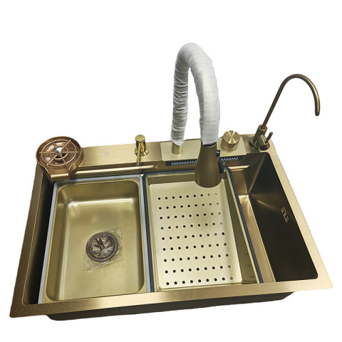 ZLEW KUCHENNY JEDNOKOMOROWY Z WODOSPADEM WIELOFUNKCYJNY ZŁOTY COSTA-GL-68X46