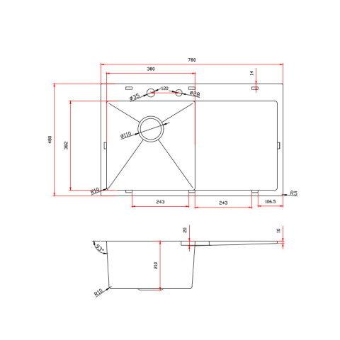 ZLEW KUCHENNY ZLEWOZMYWAK JEDNOKOMOROWY Z OCIEKACZEM STALOWY INOX MILOS-CH-78X48 DOZOWNIK SYFON UCHWYTY