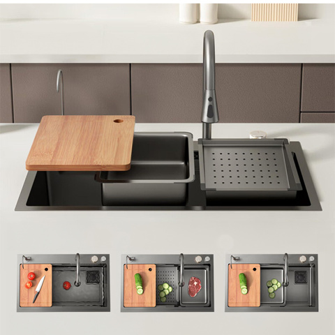 ZLEWOZMYWAK JEDNOKOMOROWY WIELOFUNKCYJNY COBA 75X46 CZARNY ZLEW KUCHENNY STALOWY