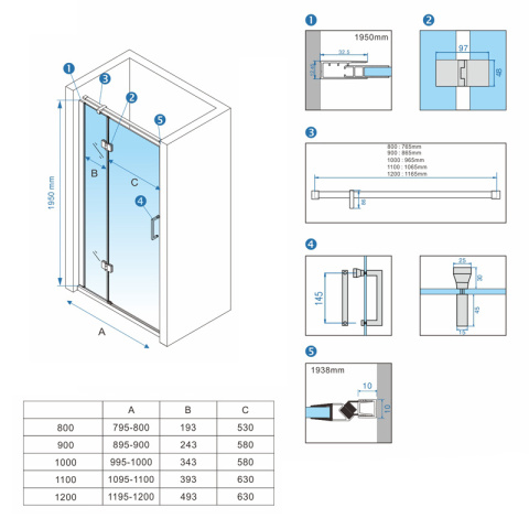 DRZWI PRYSZNICOWE UCHYLNE DO WNĘKI ZES-KZ17B-80 CHROM 80 CM 6 MM