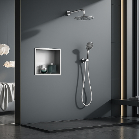 PÓŁKA ŁAZIENKOWA WNĘKOWA IGA Z KOŁNIERZEM CHROM 30X30X10 CM