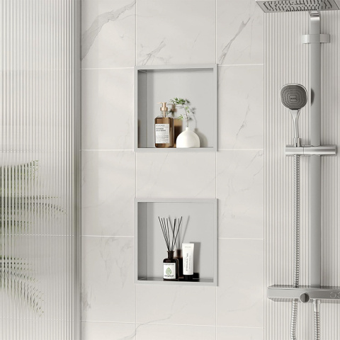 PÓŁKA ŁAZIENKOWA WNĘKOWA IGA Z KOŁNIERZEM CHROM 30X30X10 CM