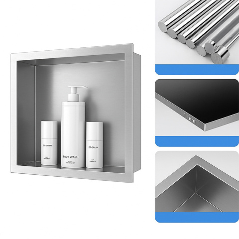 PÓŁKA ŁAZIENKOWA WNĘKOWA IGA Z KOŁNIERZEM CHROM 30X30X7 CM