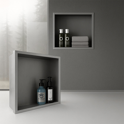 PÓŁKA ŁAZIENKOWA WNĘKOWA IGA Z KOŁNIERZEM CHROM 30X30X7 CM