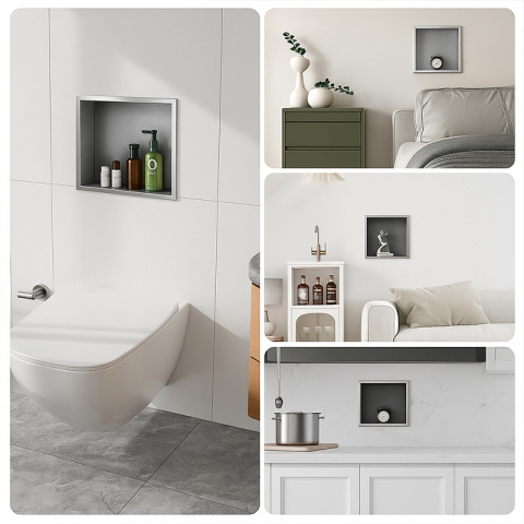 PÓŁKA ŁAZIENKOWA WNĘKOWA IGA Z KOŁNIERZEM CHROM 30X30X7 CM