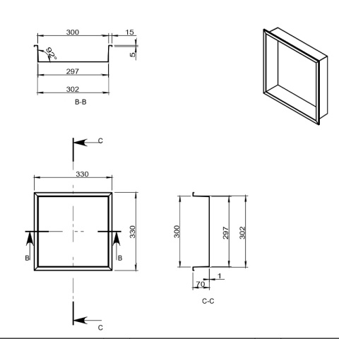 PÓŁKA ŁAZIENKOWA WNĘKOWA IGA Z KOŁNIERZEM CHROM 30X30X7 CM