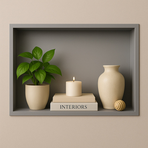 PÓŁKA ŁAZIENKOWA WNĘKOWA IGA Z KOŁNIERZEM CHROM 45X30X7 CM