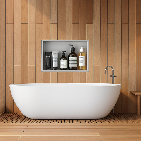 PÓŁKA ŁAZIENKOWA WNĘKOWA IGA Z KOŁNIERZEM CHROM 45X30X7 CM