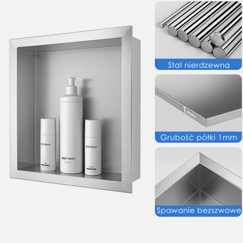 PÓŁKA ŁAZIENKOWA WNĘKOWA IGA Z KOŁNIERZEM CHROM 45X30X7 CM