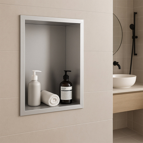 PÓŁKA ŁAZIENKOWA WNĘKOWA IGA Z KOŁNIERZEM CHROM 45X30X7 CM